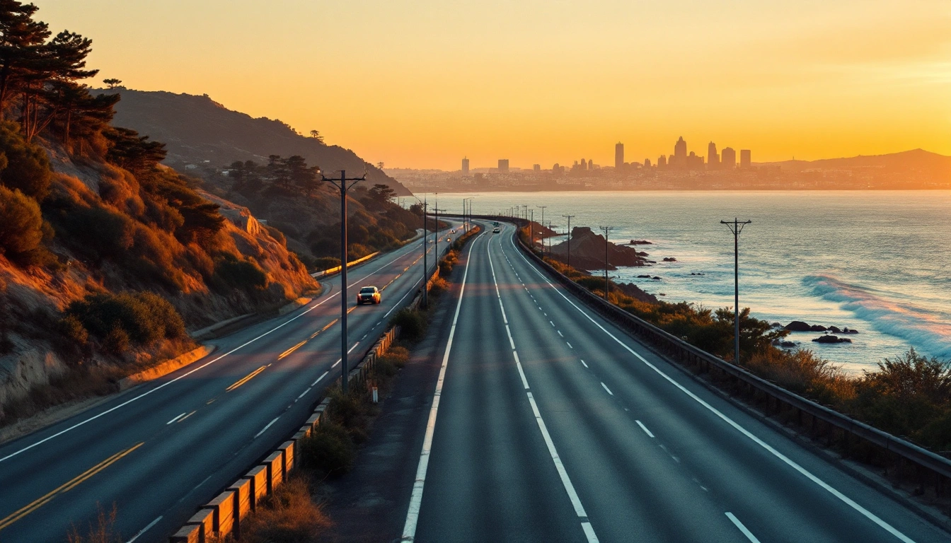 A road map view of a Baltic coastal highway at golden hour connecting distant old-town skylines