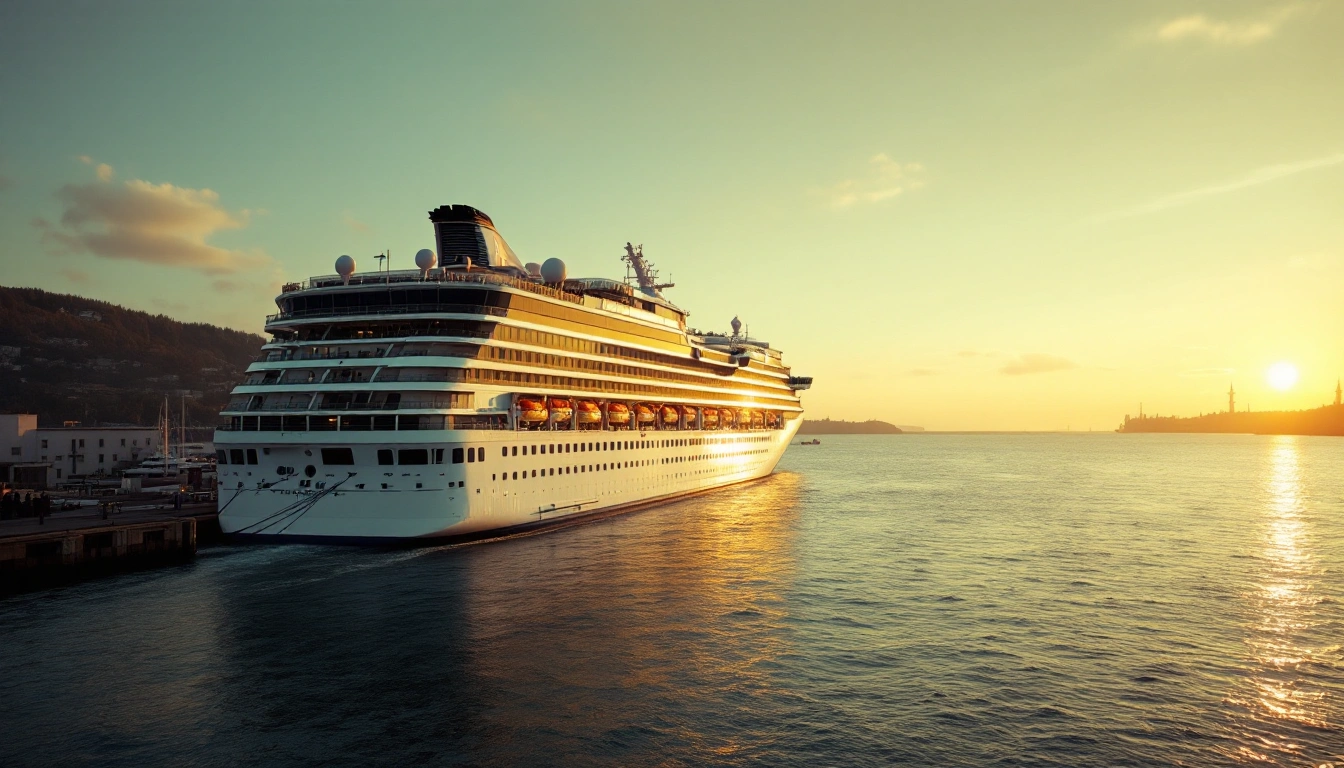A cruise ship departing a Baltic harbor at dawn with soft golden light