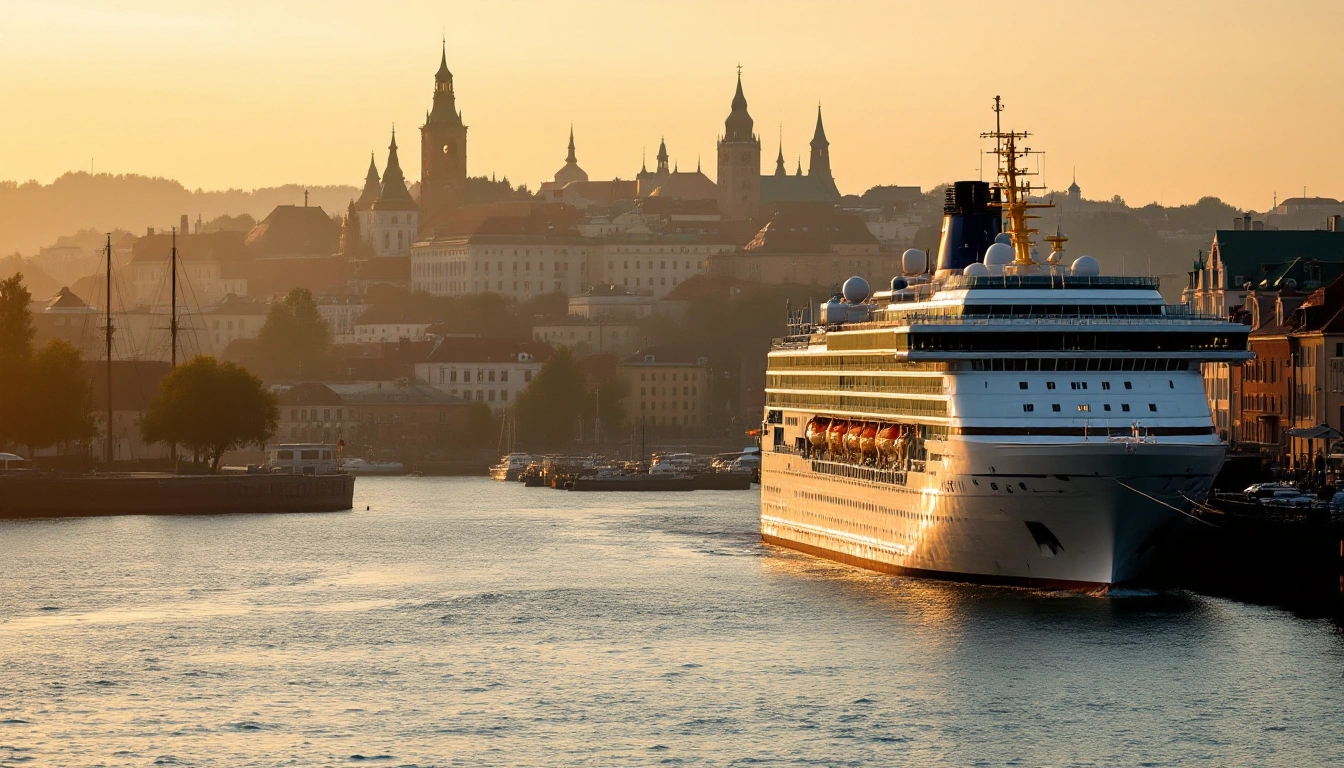 A cruise ship docked at a historic Baltic port at sunrise, old-town skyline beyond