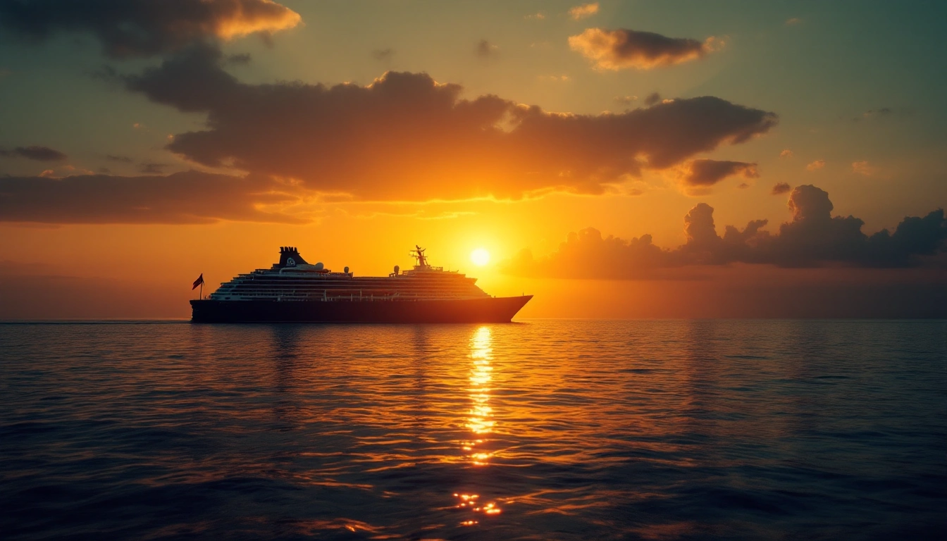 A cruise ship silhouette against a golden Baltic Sea sunset