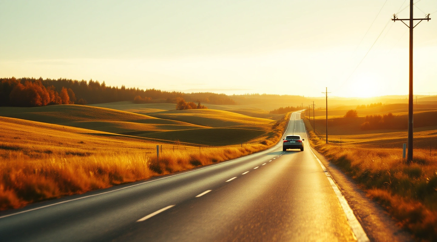A quiet two-lane road through rolling countryside with a car driving away from the camera