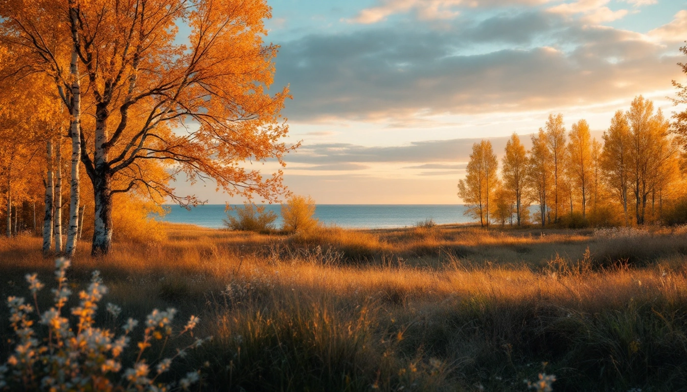 A Baltic coastal landscape in golden-hour light showing an autumn birch shoreline