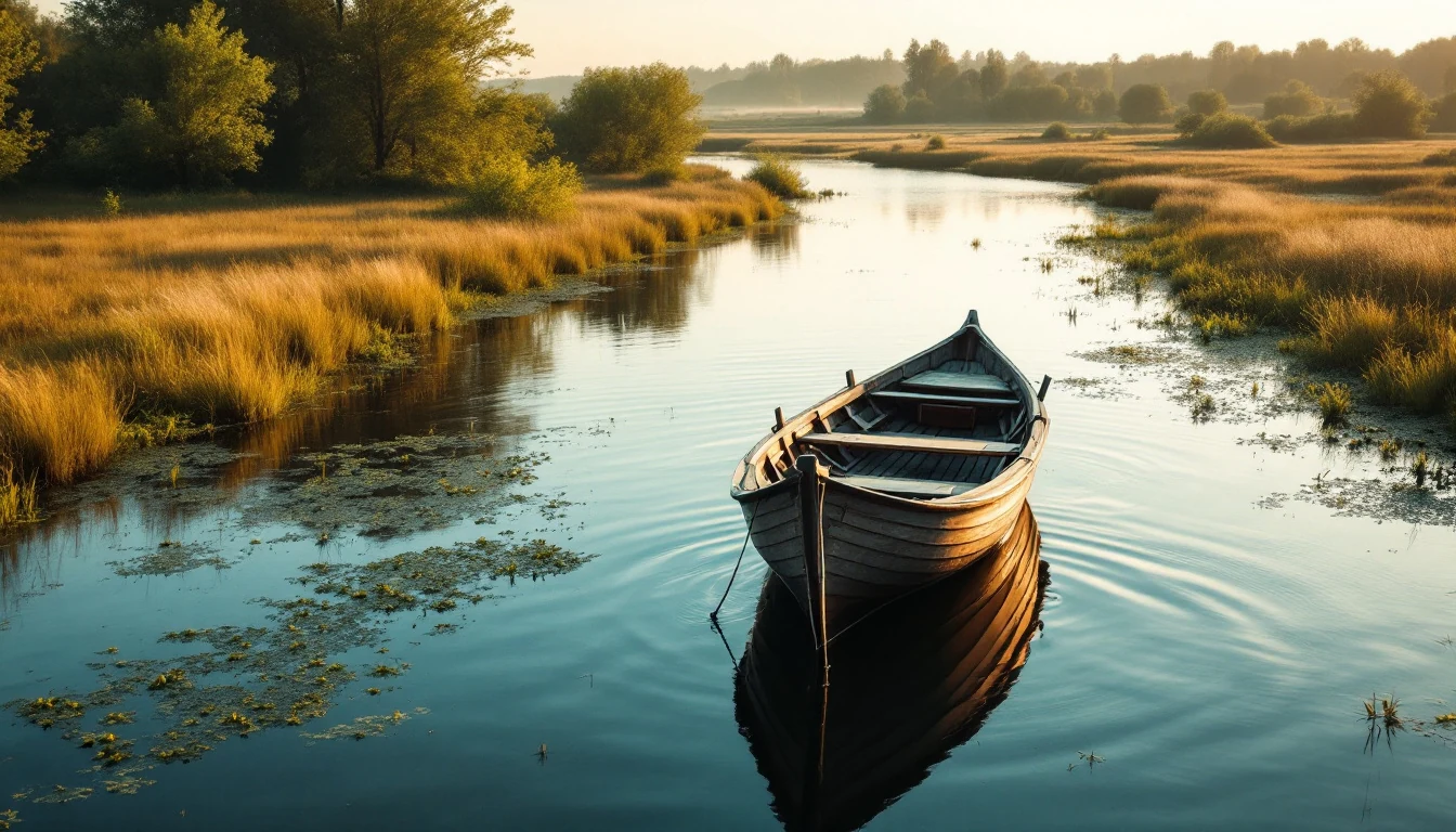 a wooden boat floating on a calm waterway surrounded by tall grass and trees in warm sunlight