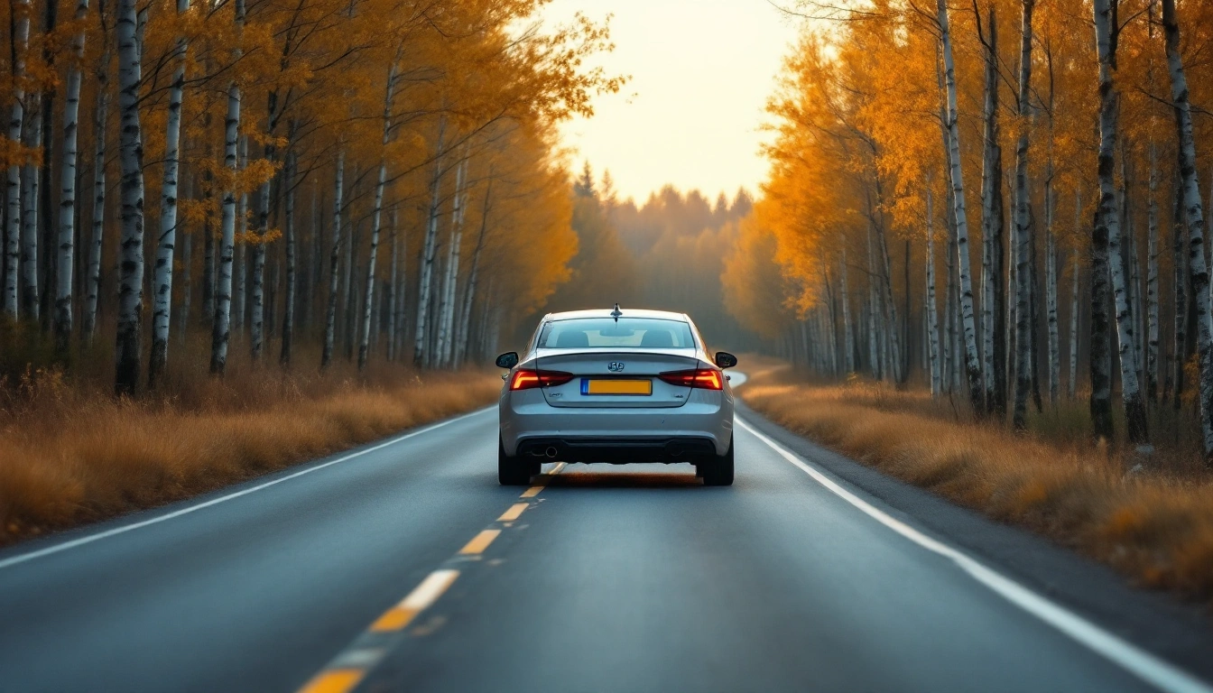 A car parked on a quiet forest road in Estonia in autumn light