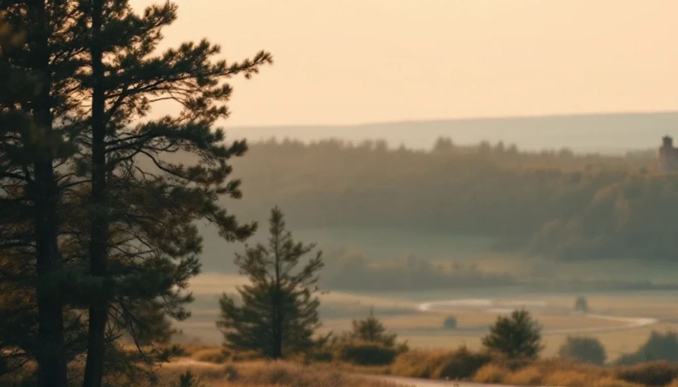 Pine trees above a misty river valley in the Latvian countryside at golden hour