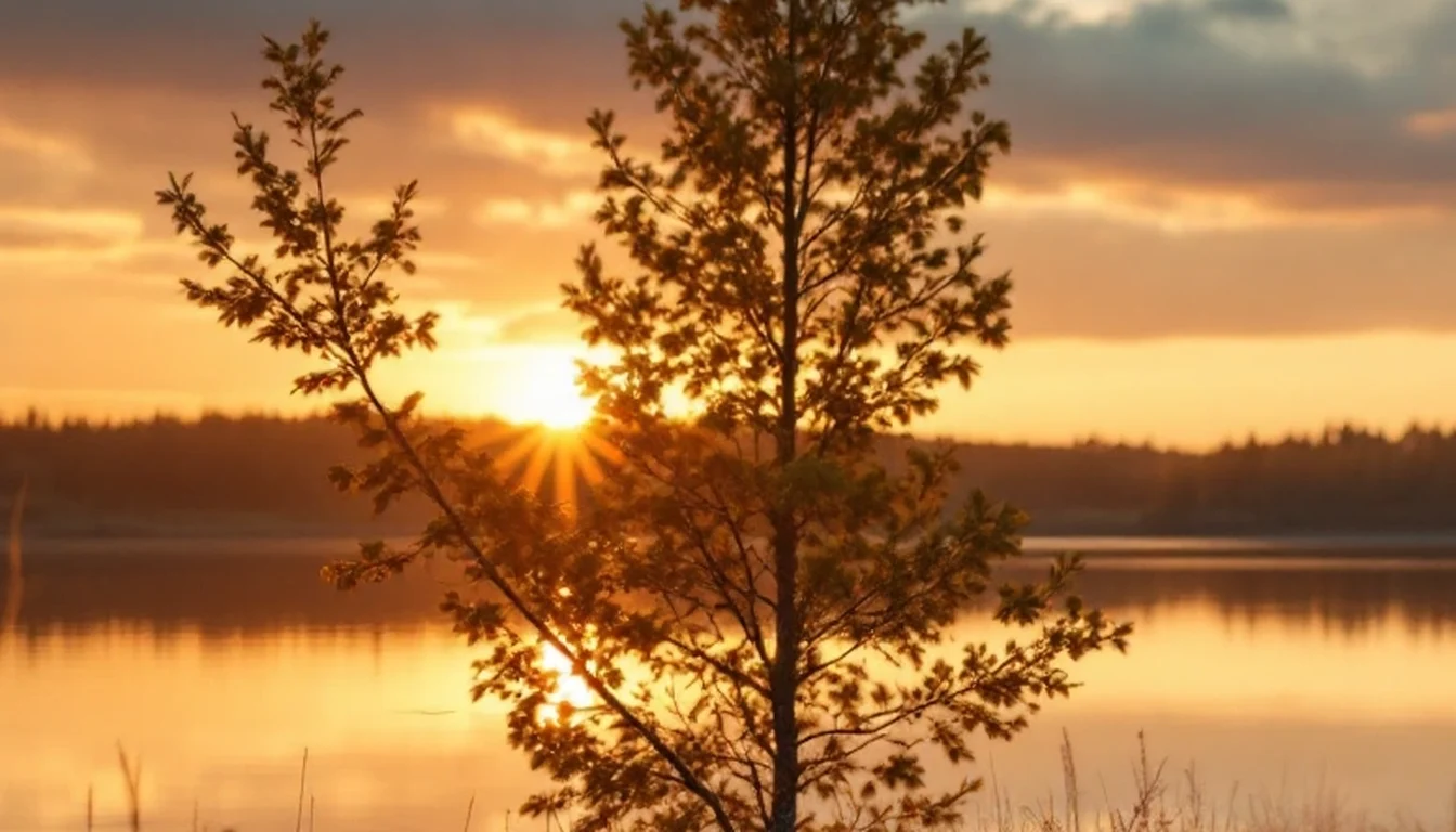 A lone tree beside a calm lake at sunset in the Lithuanian countryside