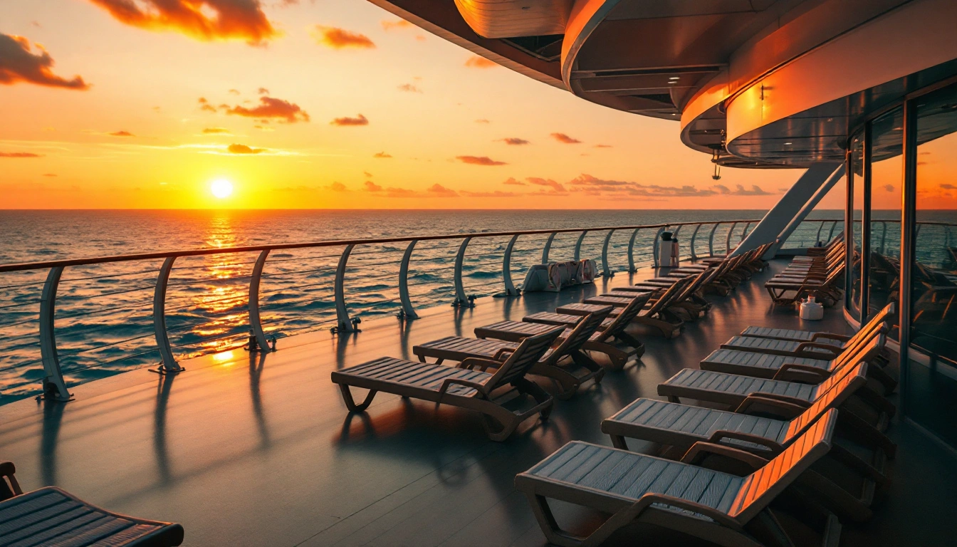 A modern cruise ship deck at sunset with the Baltic Sea beyond