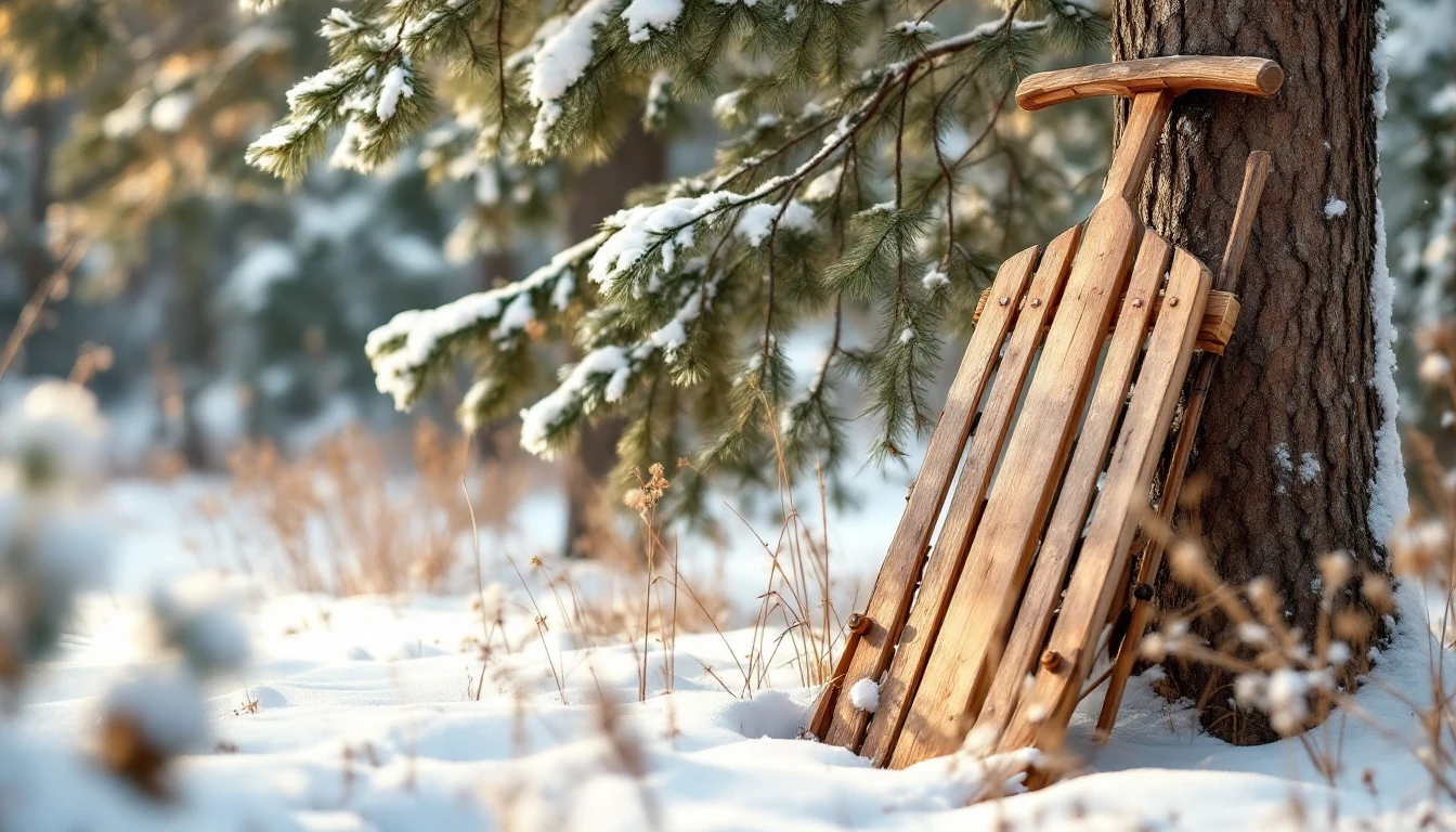 A wooden sled leaning against a tree in a snowy forest with snow-covered pine branches