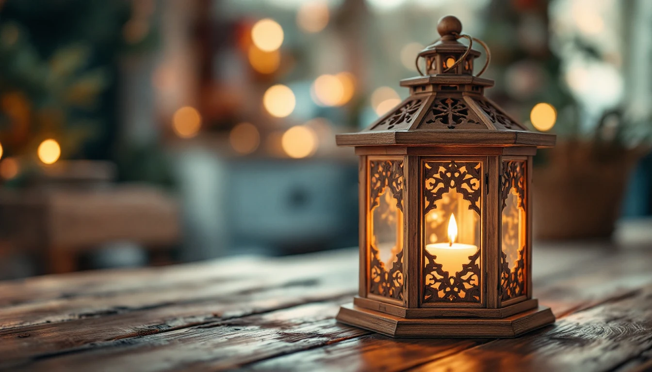 A decorative wooden lantern with an ornate design, holding a lit candle inside, placed on a wooden surface with blurred warm lights in the background