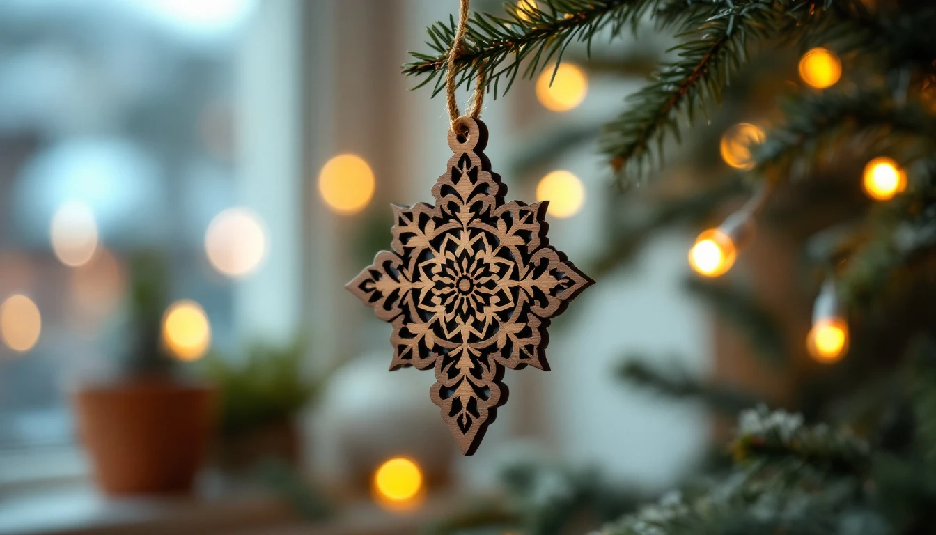 A wooden snowflake ornament hanging from a Christmas tree branch with blurred warm lights in the background