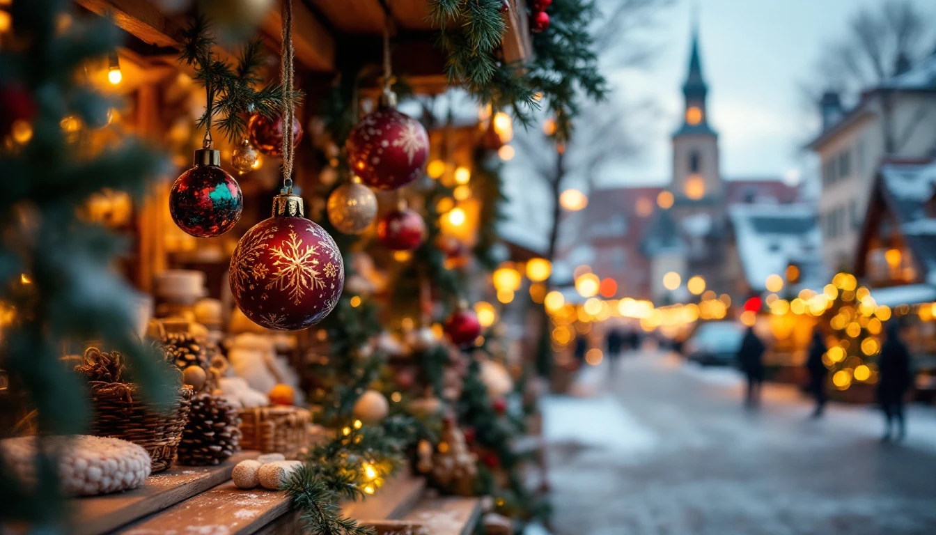 Christmas ornaments and decorations hanging and displayed at a festive market stall with blurred lights and buildings in the background