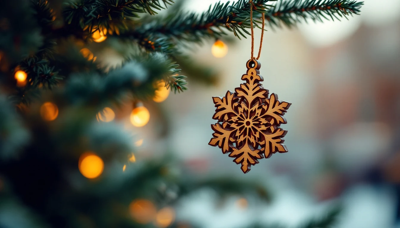 a wooden snowflake ornament hanging on a Christmas tree with blurred warm lights in the background