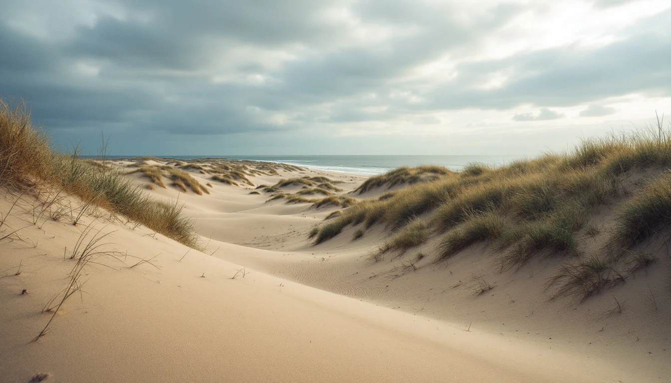 Grass-covered sand dunes on a wide beach under a cloudy sky