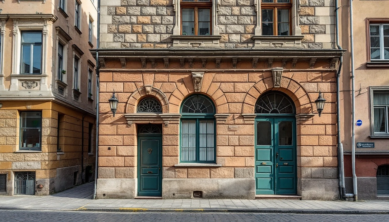 A restored historic stone building facade in Riga's Old Town