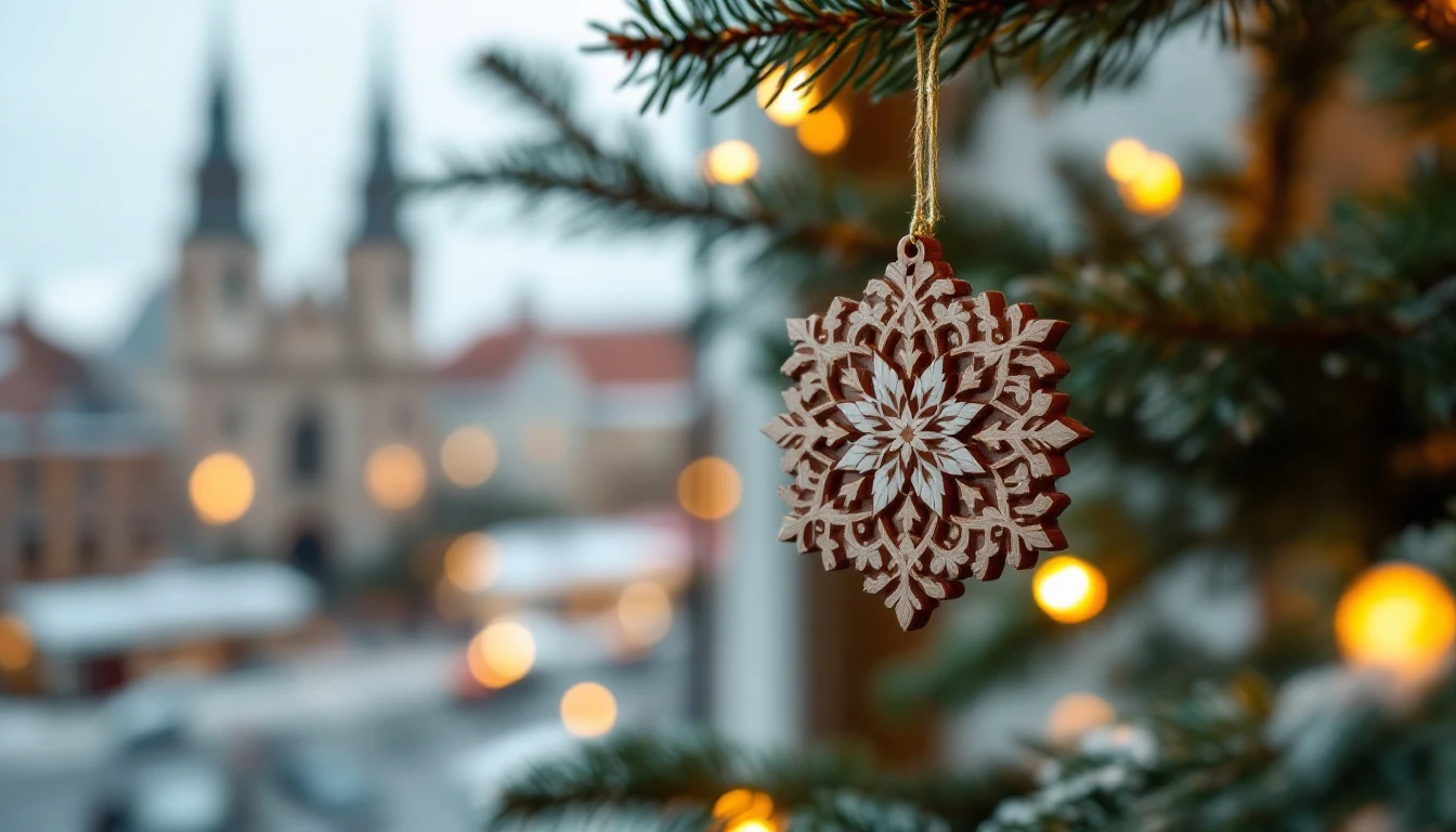 A close-up of a wooden snowflake-shaped ornament hanging on a Christmas tree with out-of-focus city lights and buildings in the background