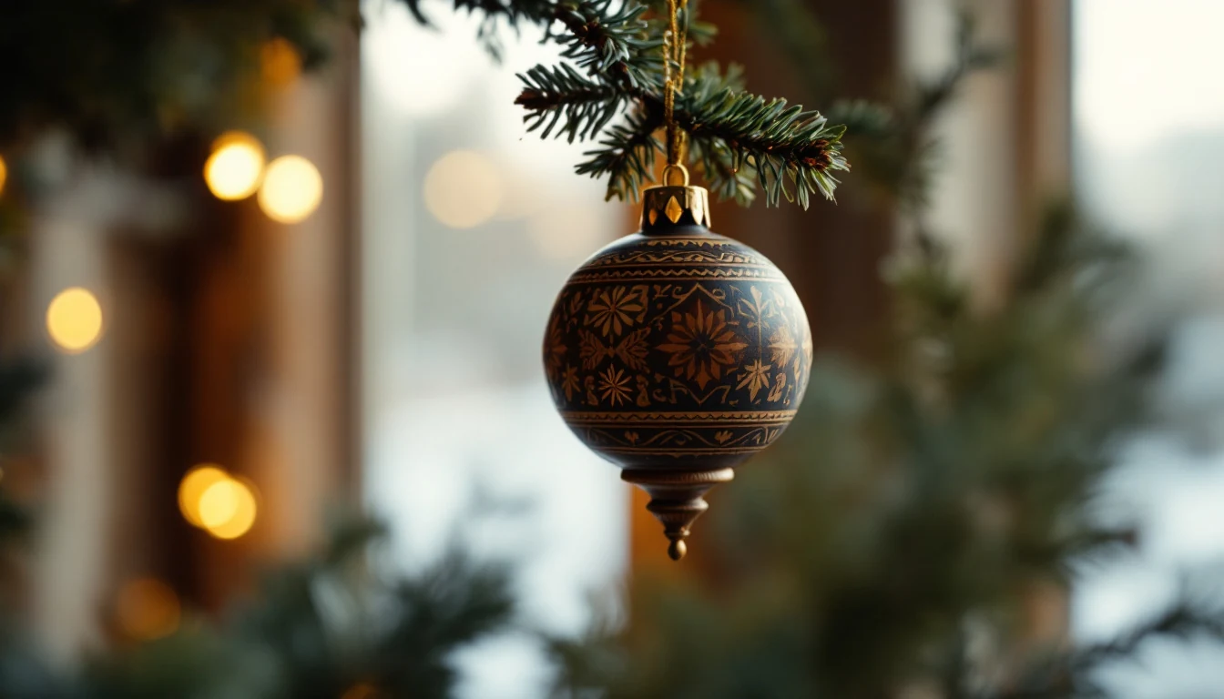 A close-up of a decorative Christmas ornament hanging from a pine branch with blurred lights in the background