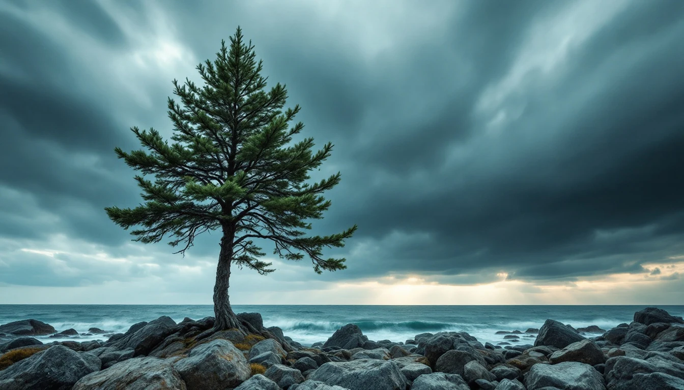 A lone tree on coastal rocks beside the sea under heavy broken cloud at sunset