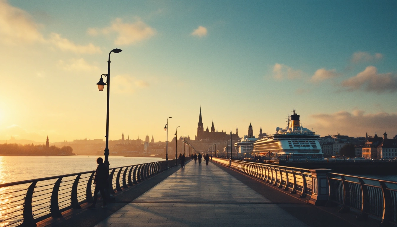 A cruise ship terminal walkway leading toward Tallinn's old-town skyline