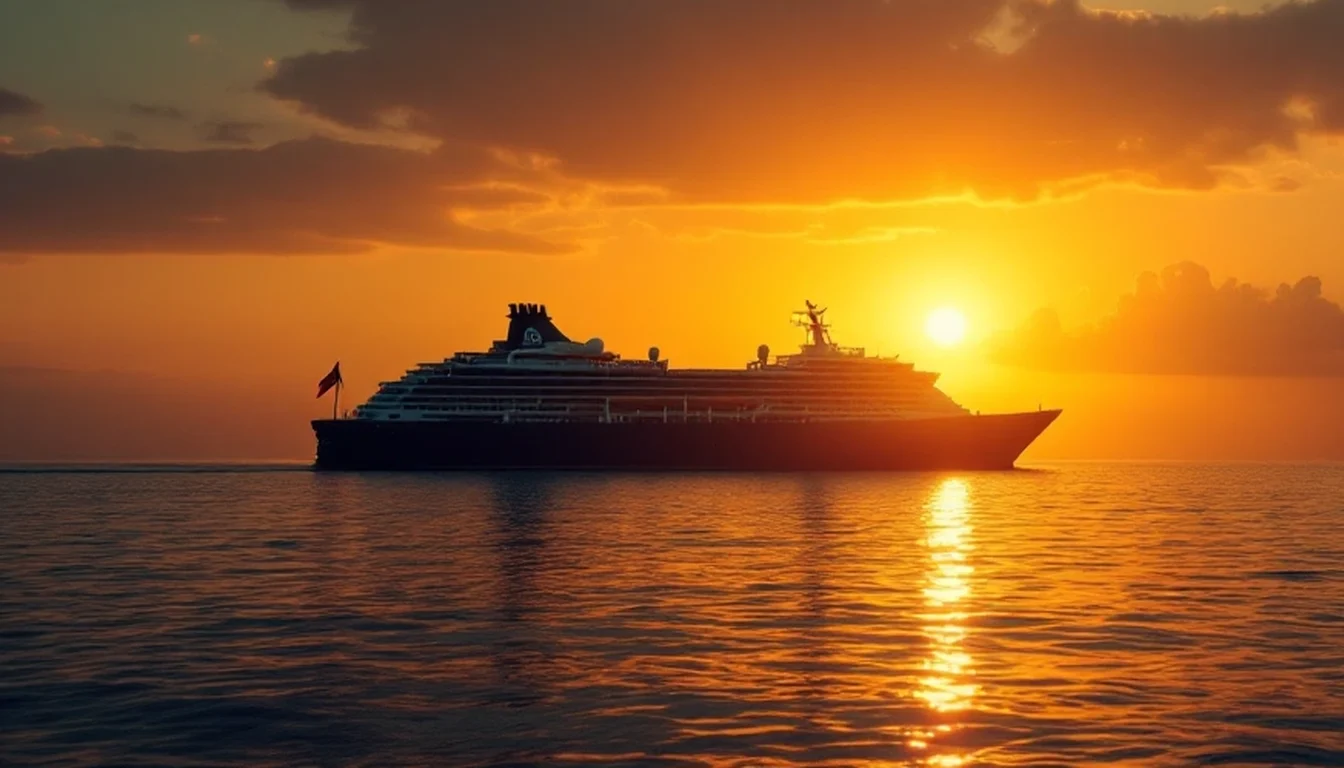A passenger ship silhouetted on the Baltic Sea at sunset