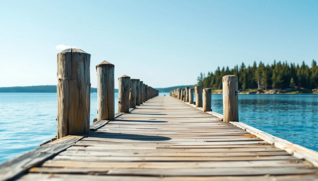 A weathered wooden pier running out over calm blue water toward a pine-covered shore under a clear sky