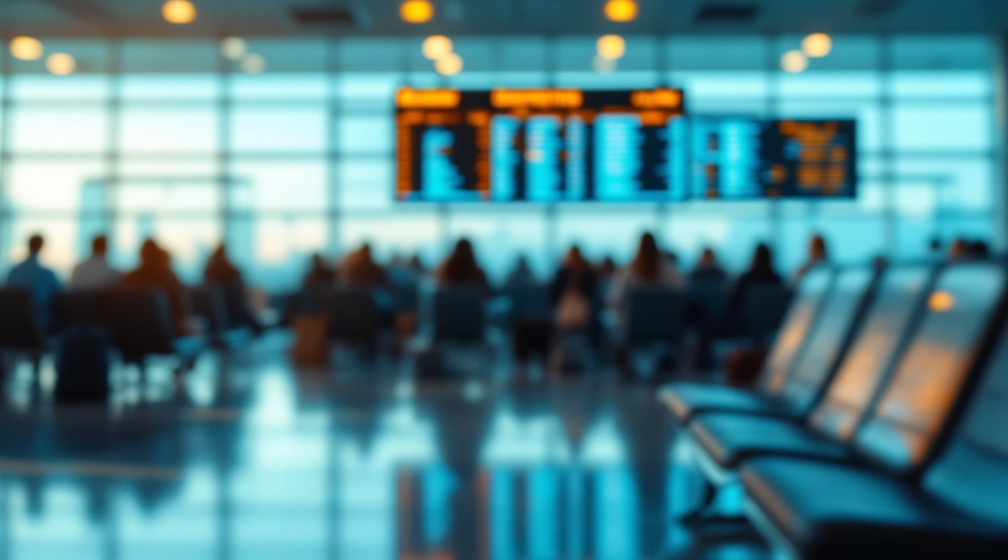 An airport departures board and seating area in soft daylight