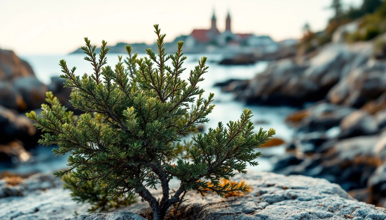 A juniper shrub growing on a rocky shore with the sea and a blurred red-roofed town behind it