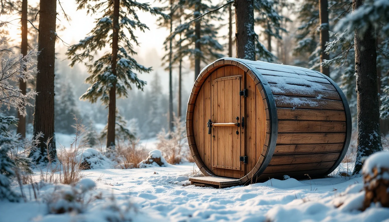 A wooden barrel-shaped cabin in a snowy forest surrounded by pine trees