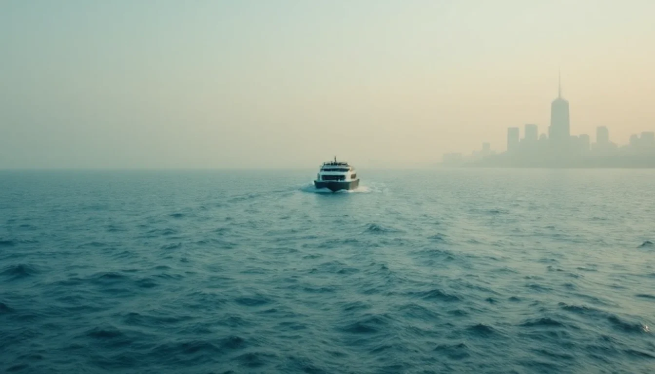 A ferry crossing open water toward a distant city skyline on a hazy morning