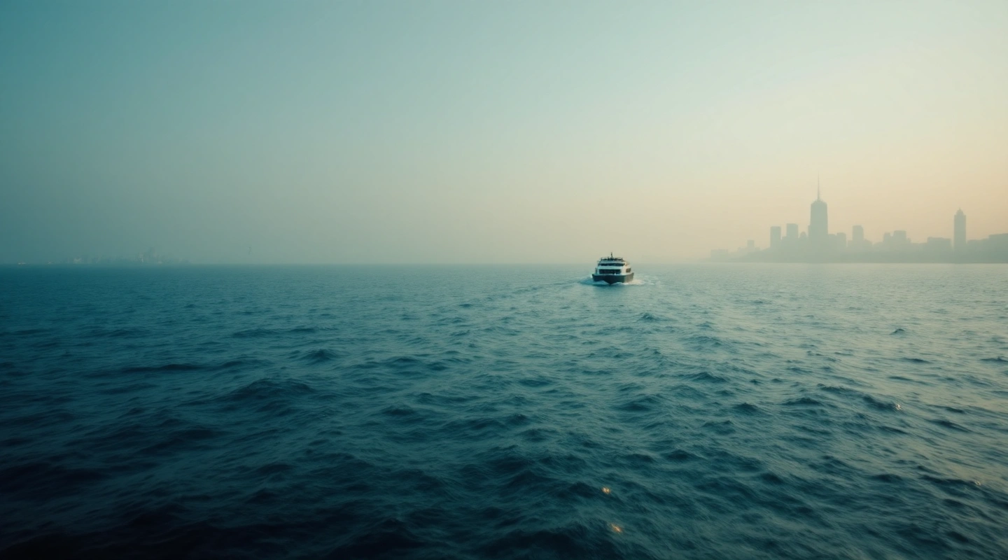 A ferry crossing calm open water with a distant city skyline