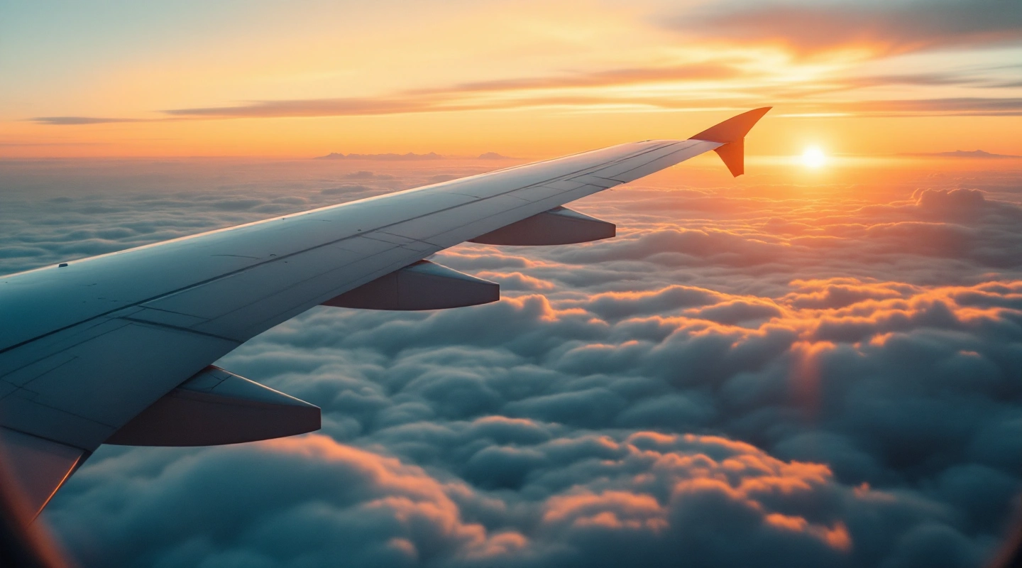 An airplane climbing into a pink evening sky after takeoff