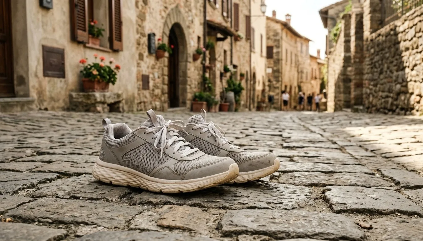 A pair of comfortable walking shoes on a cobblestone lane in an old town