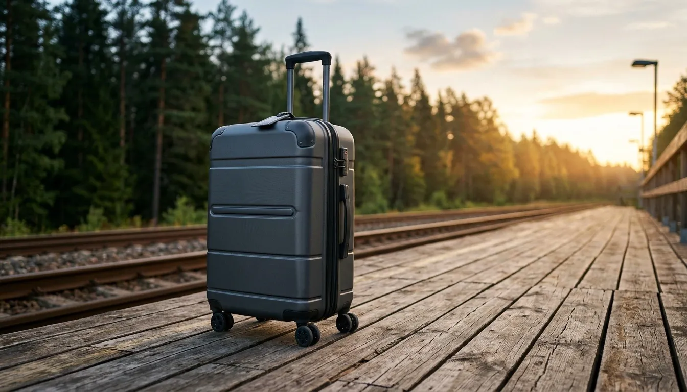 A suitcase on a wooden railway platform beside the tracks and a pine forest at sunrise