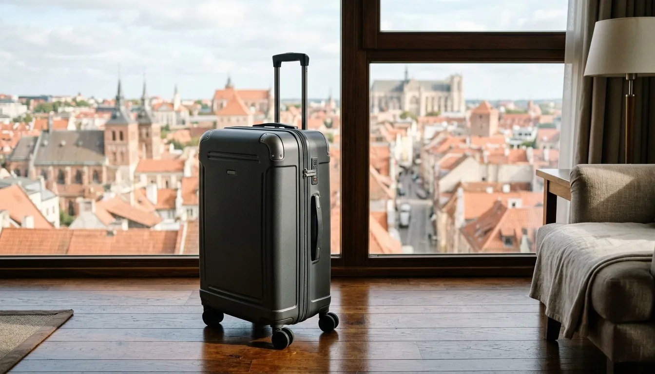 A suitcase in a hotel room by a tall window overlooking red old-town rooftops and church towers