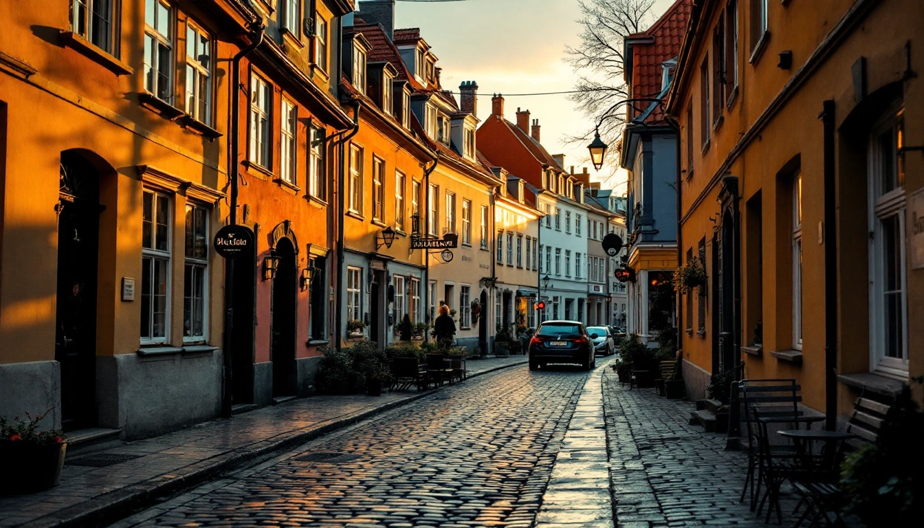 A cobbled old-town street lined with guesthouse facades at golden hour