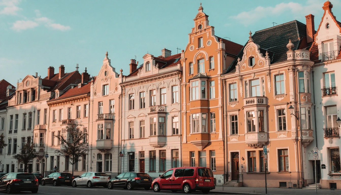 Art Nouveau apartment building facades along a Riga street in soft daylight