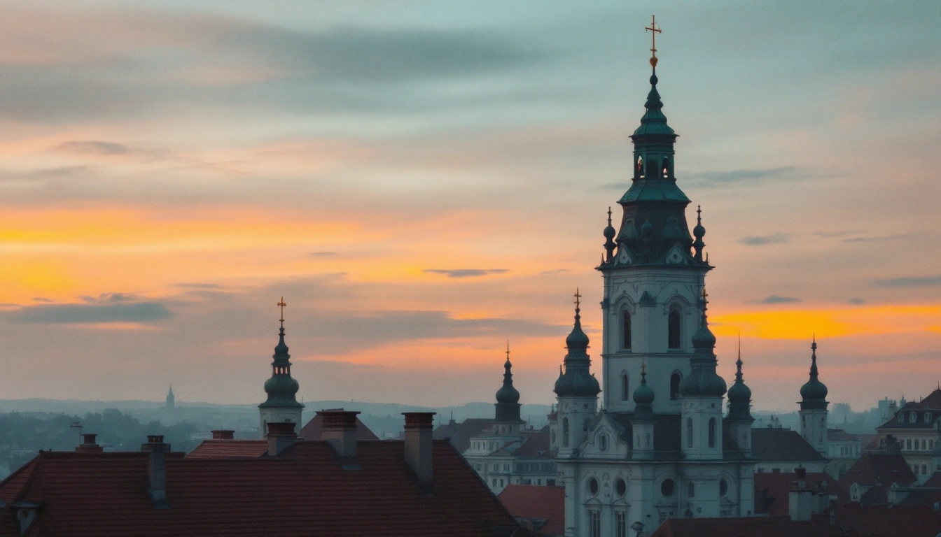 Baroque church towers above rooftops in a Lithuanian old town at dusk