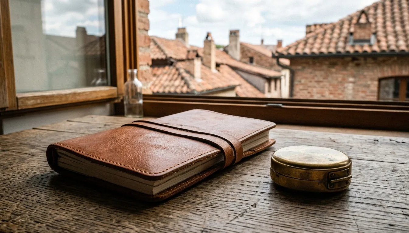 A closed leather travel journal and a brass compass on a wooden table by a window over tiled old-town roofs