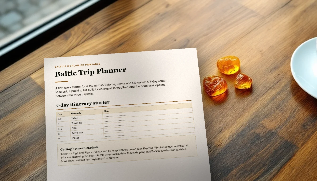 The printed Baltic Trip Planner, open at the 7-day itinerary, on a cafe table beside pieces of Baltic amber
