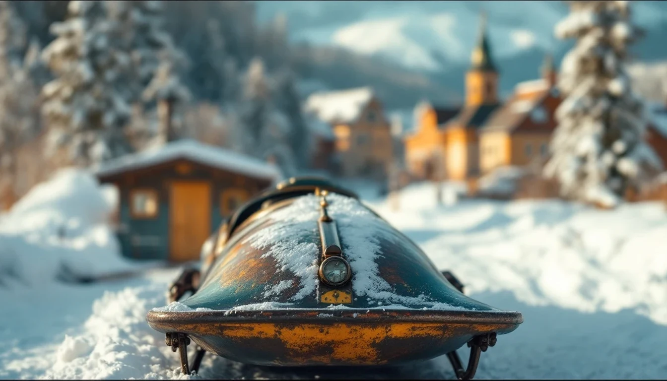 A vintage bobsled covered in snow sits on a snowy path with blurred buildings and snow-covered trees in the background