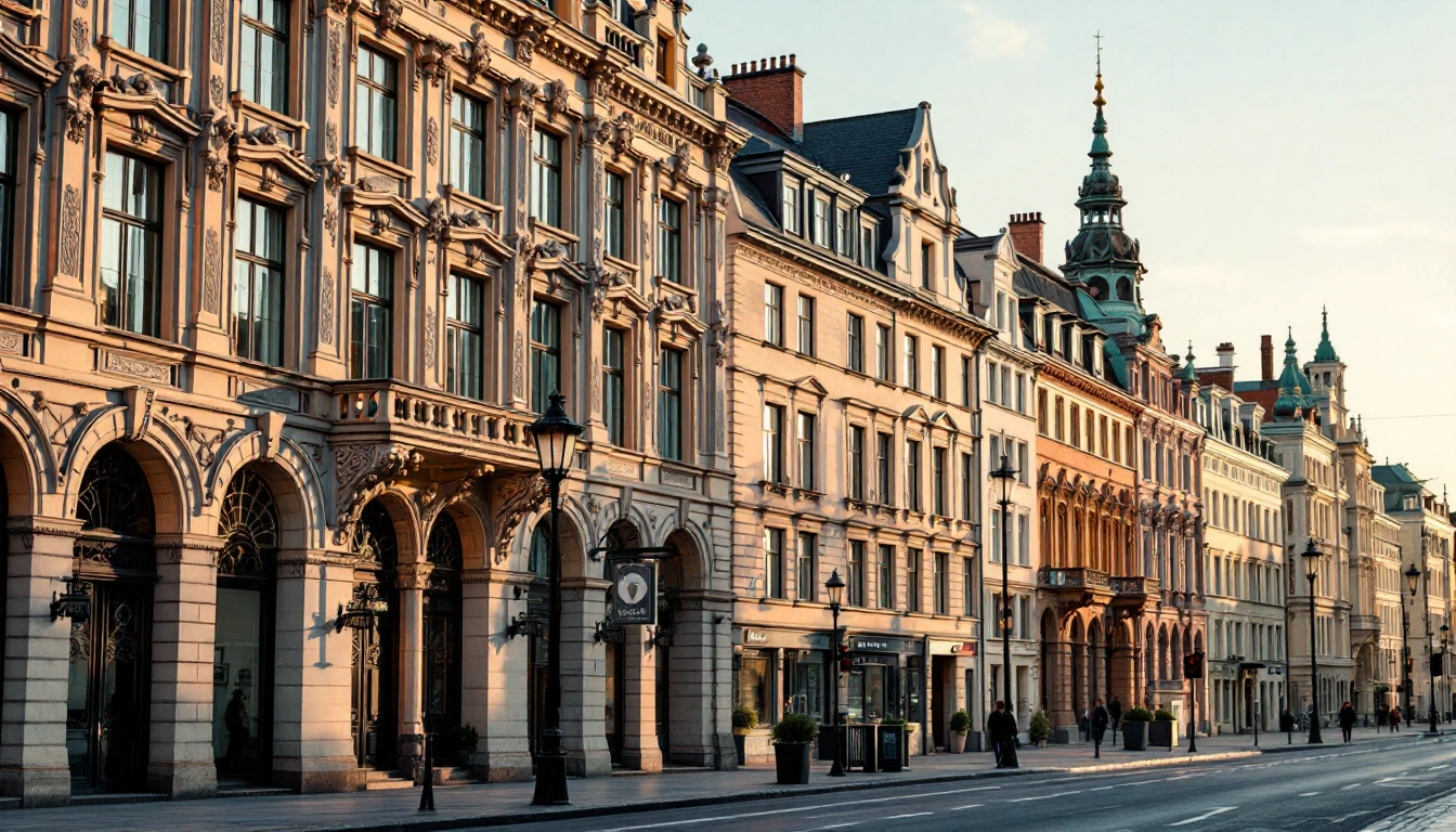 A quiet street of Art Nouveau facades in Riga in early morning light