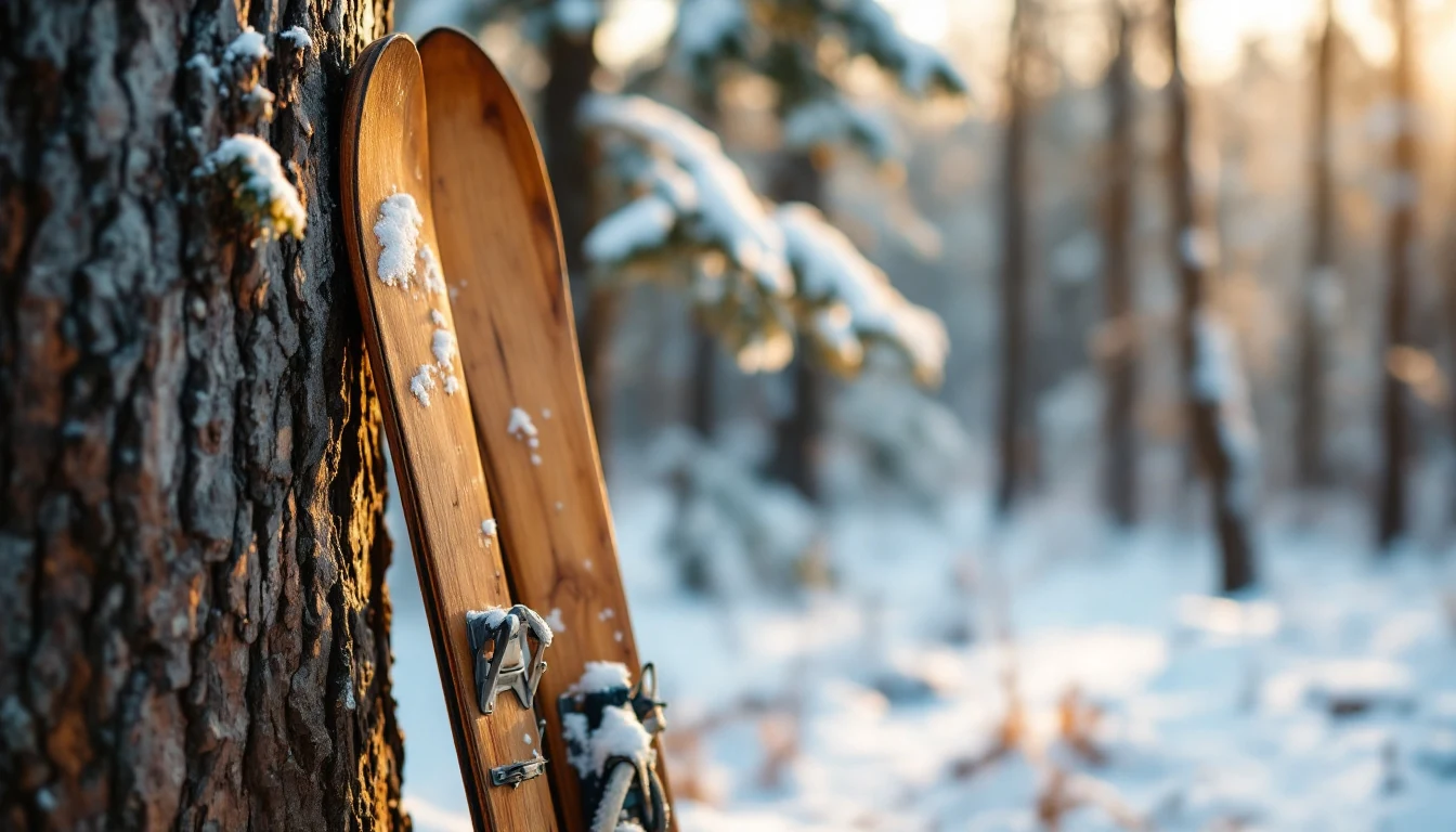 A pair of wooden skis leaning against a tree with snow on them and a snowy forest background