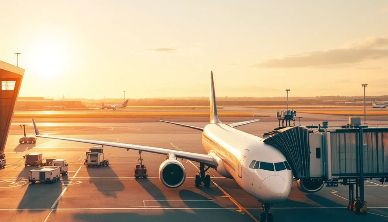 A passenger jet parked at an airport gate in warm evening light