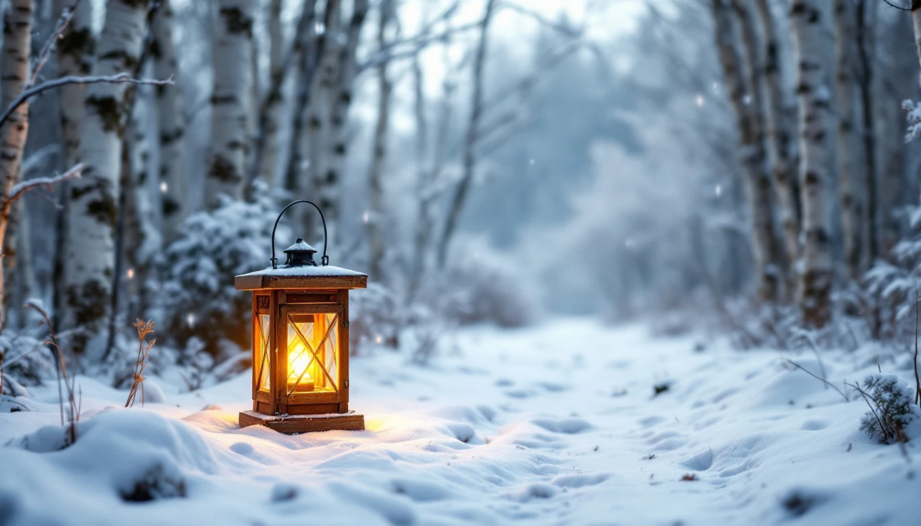 A glowing lantern placed on snow-covered ground in a forest with birch trees in the background