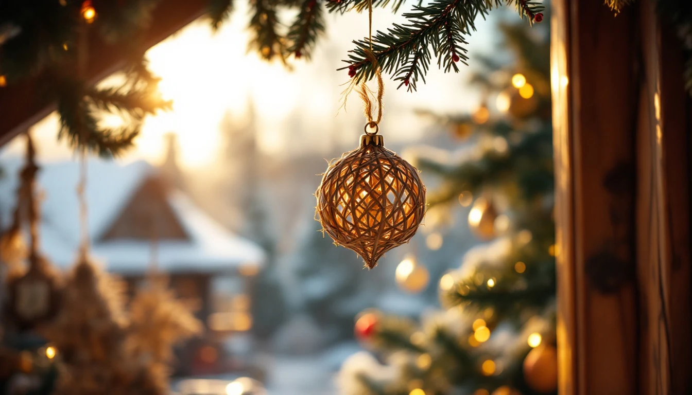 A close-up of a woven Christmas ornament hanging from a pine branch with a snowy cabin and festive lights blurred in the background