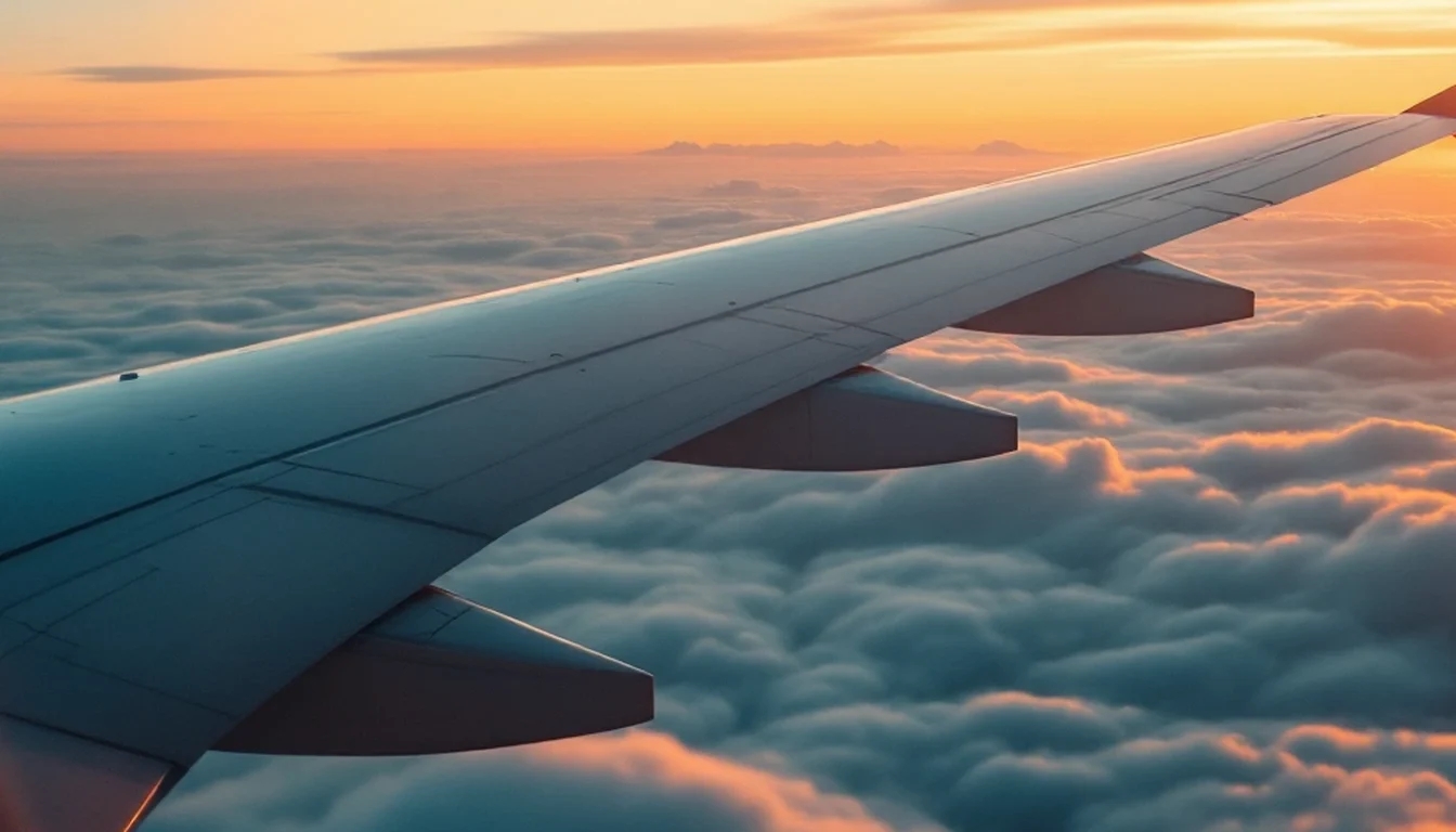 An airplane wing above a sea of clouds at sunset