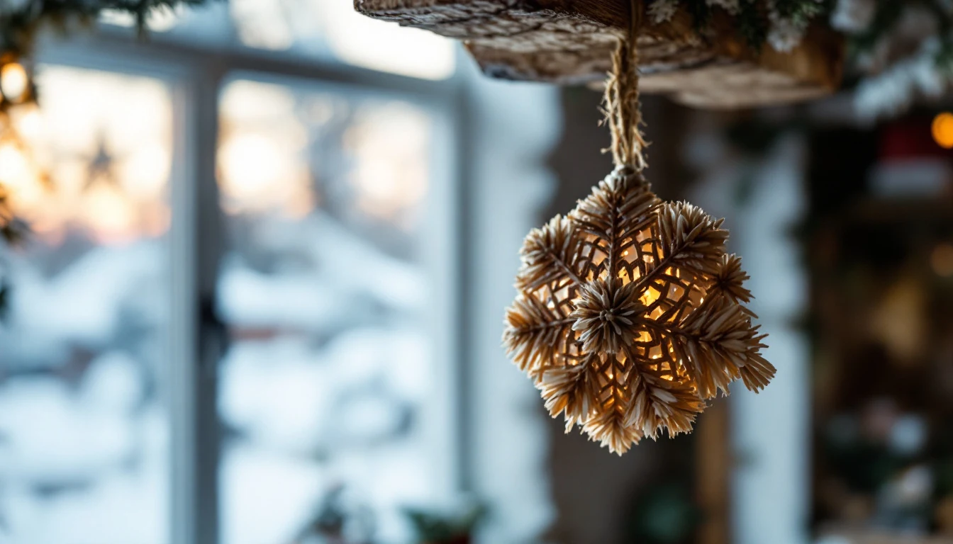 a decorative hanging ornament illuminated by warm light with a window and blurred snowy outdoor scene in the background