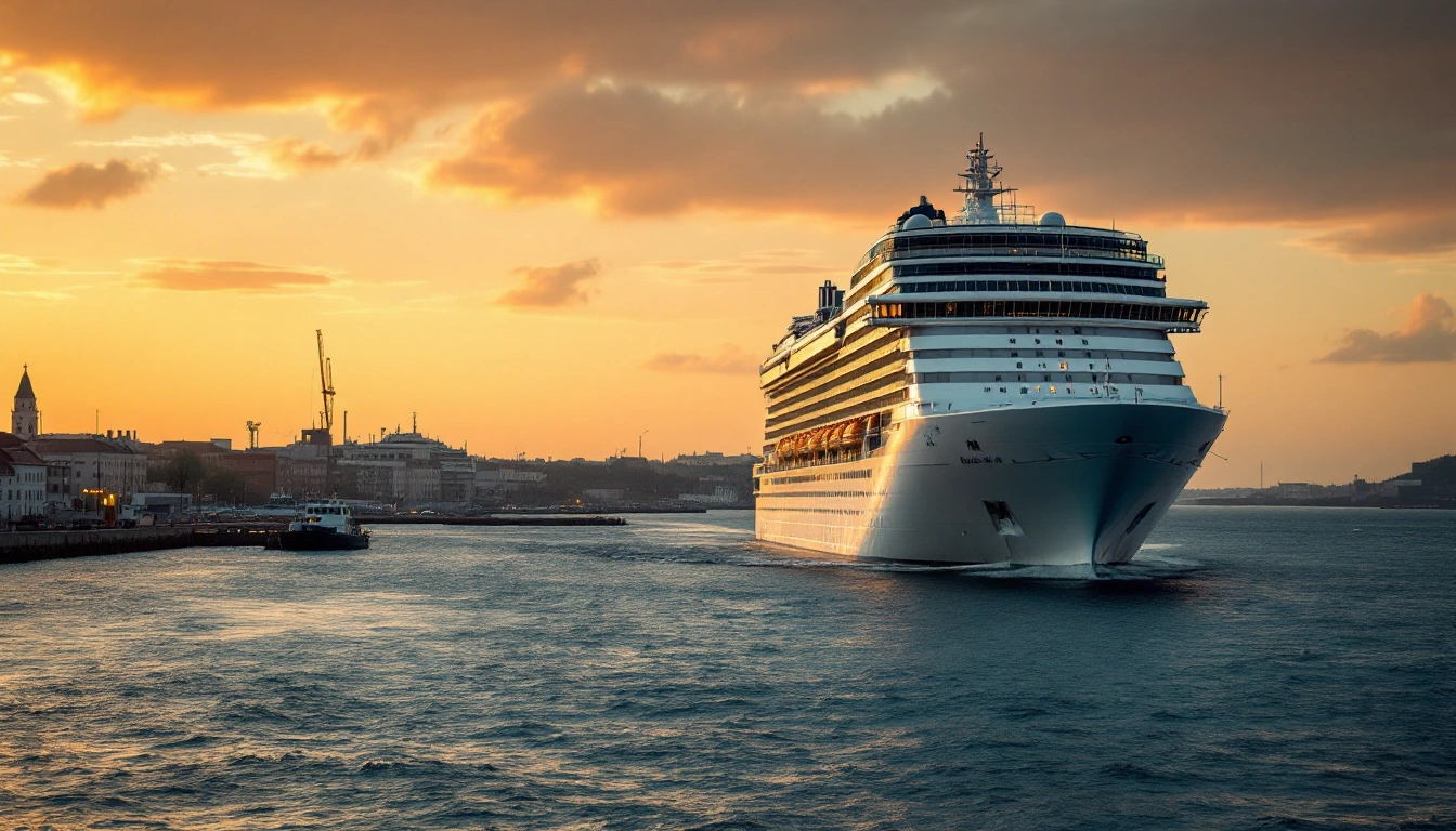 A large modern cruise ship departing a Baltic port at dusk