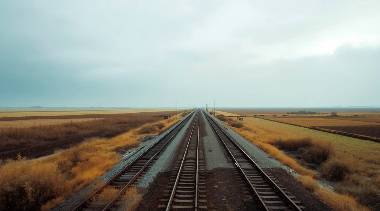 A modern rail line under construction through open Baltic countryside