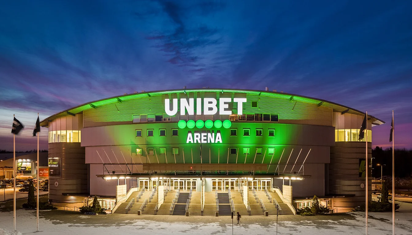 Exterior of Tallinn’s Unibet Arena at dusk