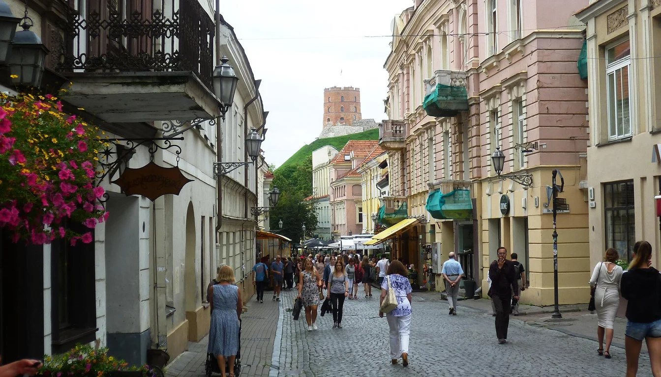 Pilies Street in Vilnius with Gediminas Tower in the distance